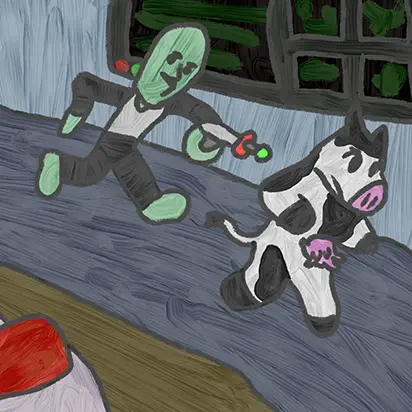 Allen the Alien chasing a abducted cow on his spaceship that suddenly started running on two legs.